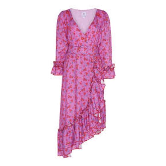 GUL HURGEL Printed Linen Midi Wrap Dress Belted Floral Ruffle Size Medium M - Picture 10 of 10